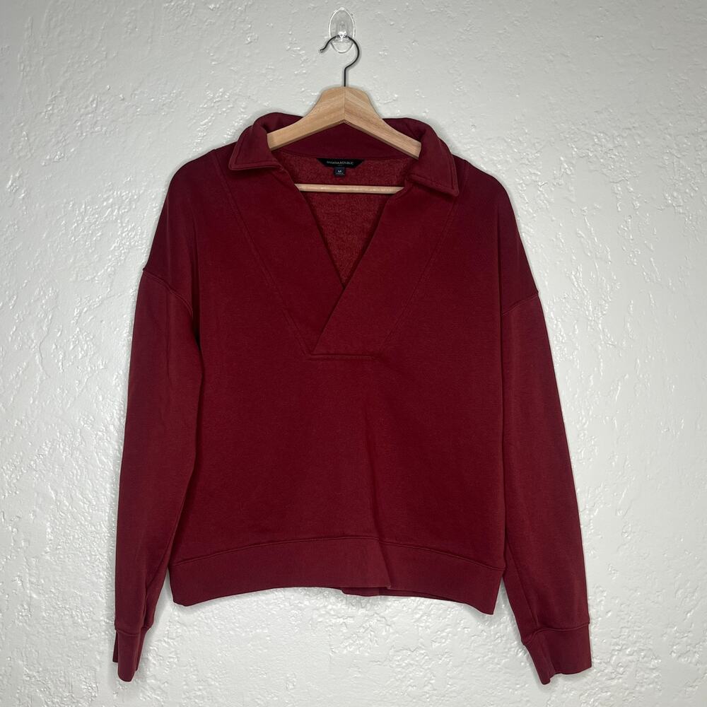 Banana Republic Women's Dark Spiced Rum Fleece Polo‎ Sweatshirt Long Sleeve M